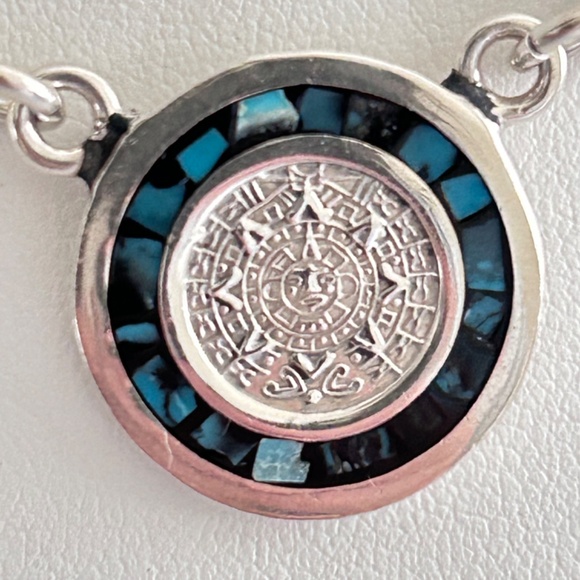 Sterling Silver 925 Aztec Mayan Turquoise Necklace And Earrings Set - Picture 3 of 10